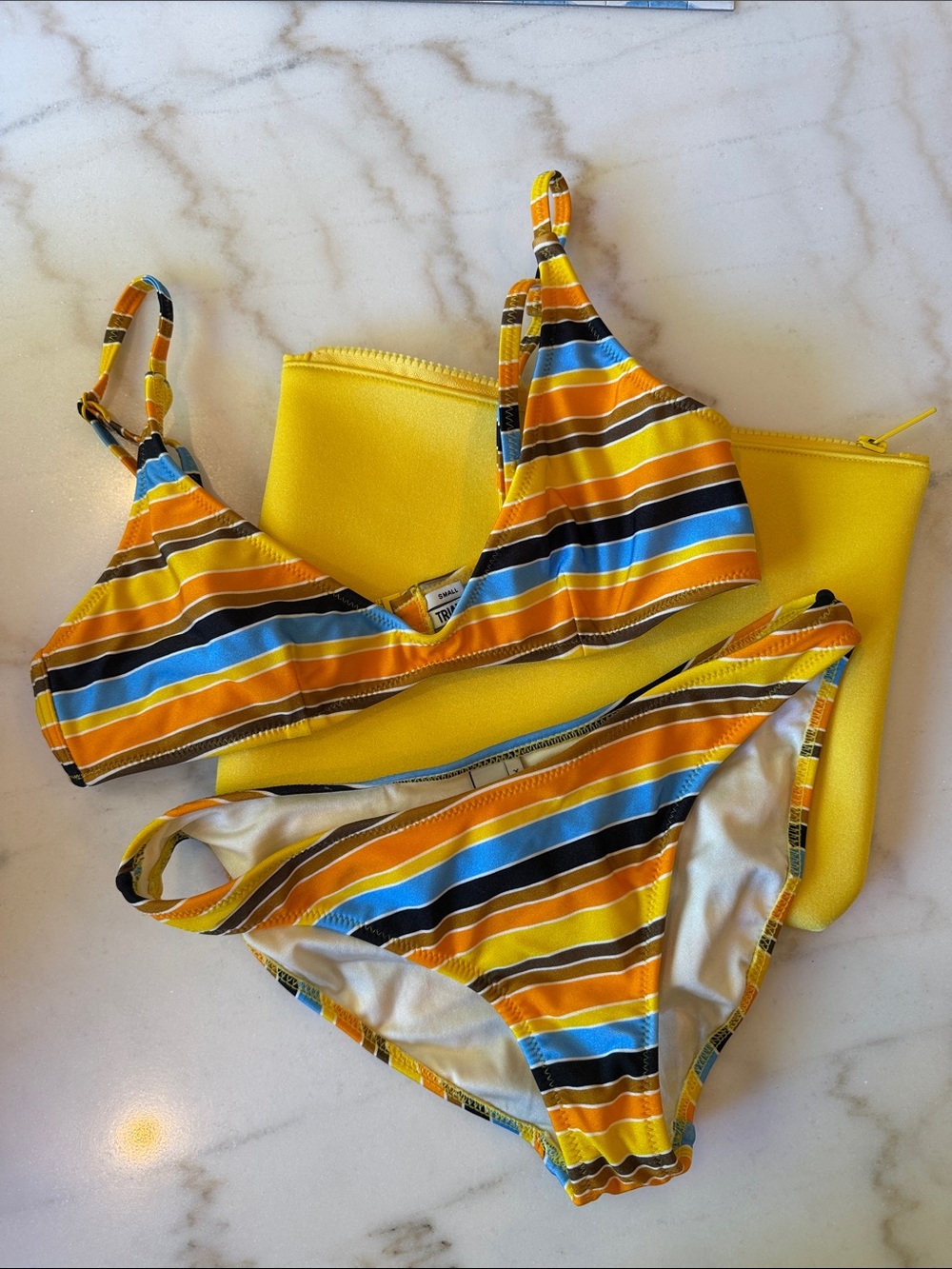 Beautiful triangl swimwear Yellow Orange Blue Striped Bikini top (s) Bottom (xs)